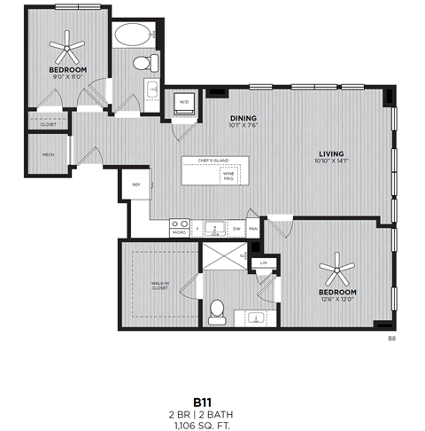 Floor plan for 2 beds, 2 baths, 1106 sqft